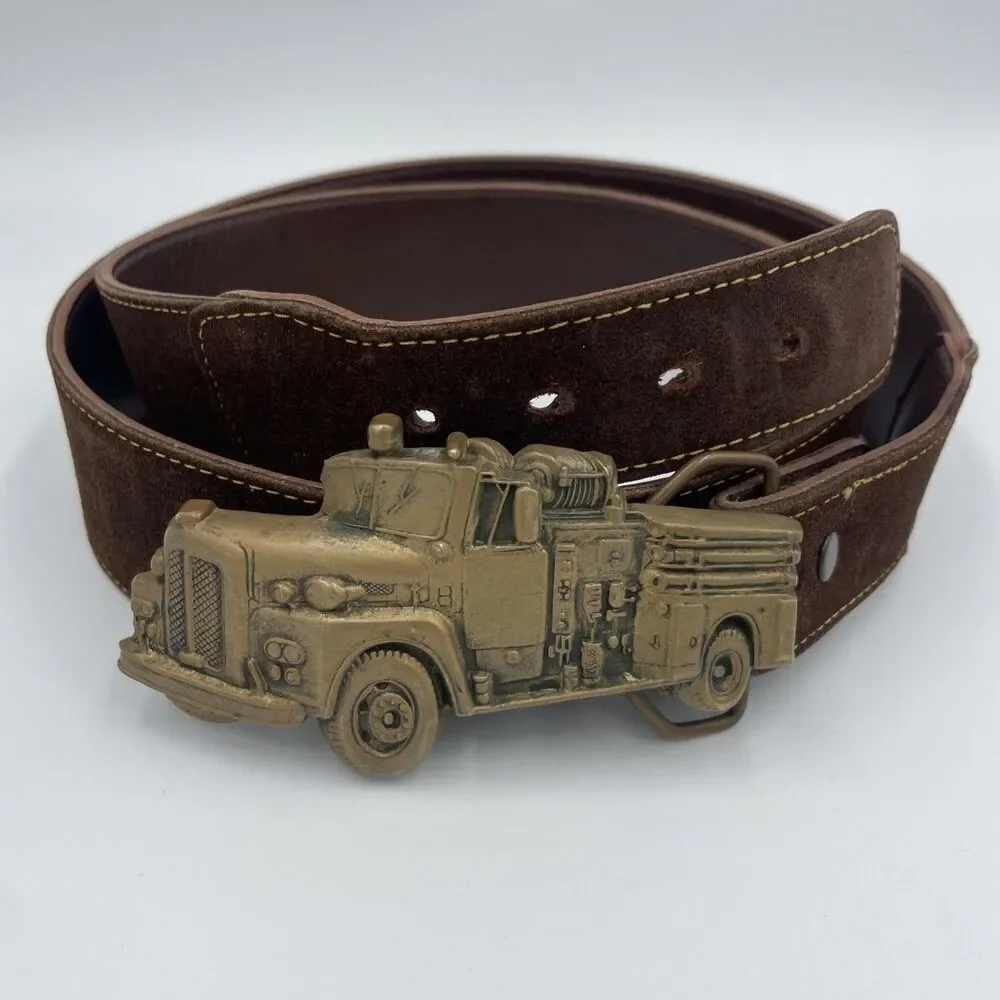 Vintage 1978 Solid Brass Fire Truck Belt Buckle by Baron Buckles Italian Leather